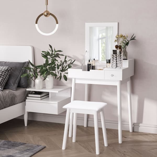 Rootz toalettbordsset med avföring - Vanity Desk - Makeup Station - Foldbar Mirror & Storage - MDF & Pine - 60cm x 50cm x 86 cm