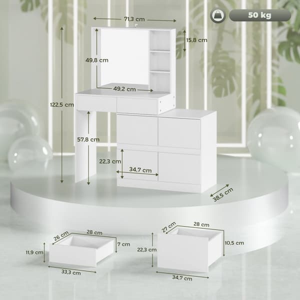 Rootz toalettbord - Make -up Vanity - Beauty Station - Stor spegel - 122,5 cm x 71,3 cm x 38,5 cm - MDF, vit - gott om lagringsutrymme