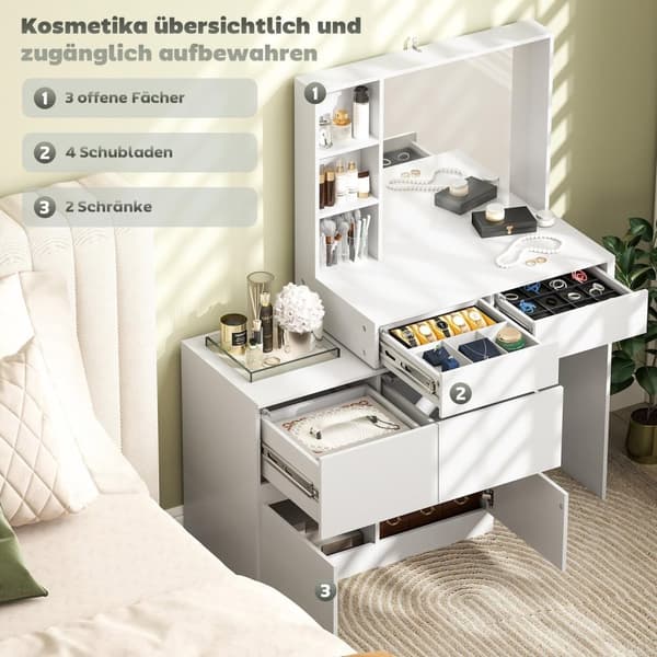 Rootz toalettbord - Make -up Vanity - Beauty Station - Stor spegel - 122,5 cm x 71,3 cm x 38,5 cm - MDF, vit - gott om lagringsutrymme