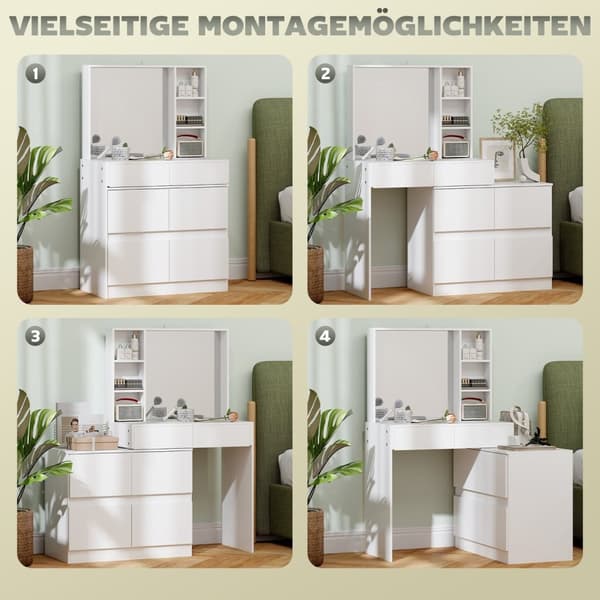 Rootz toalettbord - Make -up Vanity - Beauty Station - Stor spegel - 122,5 cm x 71,3 cm x 38,5 cm - MDF, vit - gott om lagringsutrymme