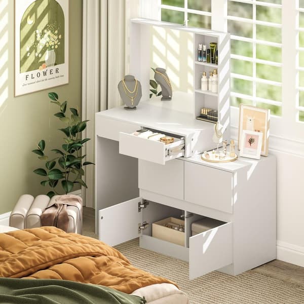 Rootz toalettbord - Make -up Vanity - Beauty Station - Stor spegel - 122,5 cm x 71,3 cm x 38,5 cm - MDF, vit - gott om lagringsutrymme