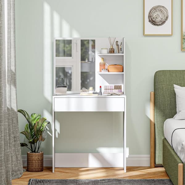 Rootz toalettbord med spegel - Make -up tabell - sovrum fåfänga - låda och hyllor - 75l x 40t x 137h cm - elegant organisation och säkerhet