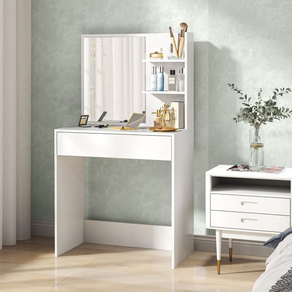 Rootz toalettbord med spegel - Make -up tabell - sovrum fåfänga - låda och hyllor - 75l x 40t x 137h cm - elegant organisation och säkerhet