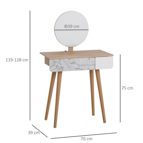 Rootz White+Brown toalettbord - Vanity Table - Cosmetic Table - Stor låda & justerbar spegel - 70 cm x 39 cm x 119-128 cm