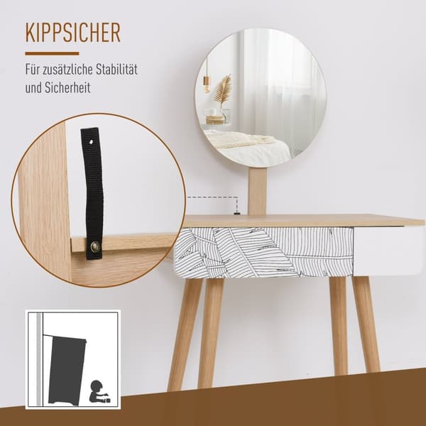 Rootz White+Brown toalettbord - Vanity Table - Cosmetic Table - Stor låda & justerbar spegel - 70 cm x 39 cm x 119-128 cm