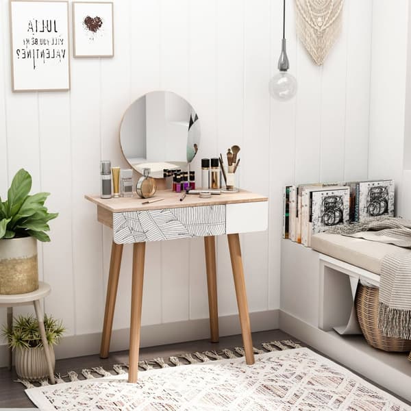 Rootz White+Brown toalettbord - Vanity Table - Cosmetic Table - Stor låda & justerbar spegel - 70 cm x 39 cm x 119-128 cm