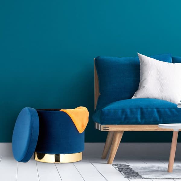 Relaxdays pouf sminkbord med förvaringsutrymme, rund, elegant, modern, sammetspall, HxD: 41,5x37 cm, blå/guld