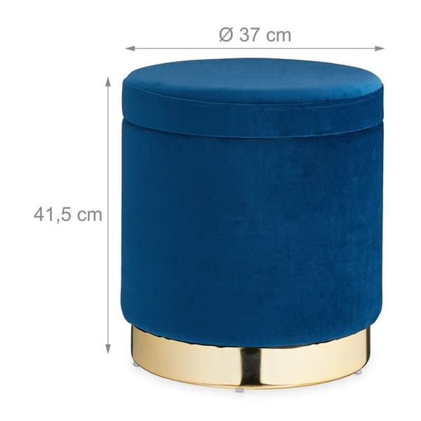 Relaxdays pouf sminkbord med förvaringsutrymme, rund, elegant, modern, sammetspall, HxD: 41,5x37 cm, blå/guld