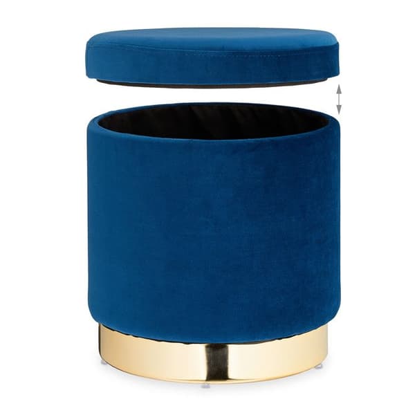 Relaxdays pouf sminkbord med förvaringsutrymme, rund, elegant, modern, sammetspall, HxD: 41,5x37 cm, blå/guld