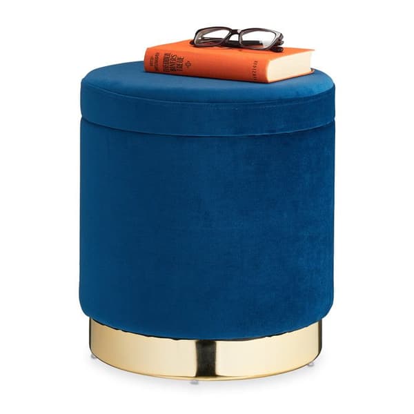 Relaxdays pouf sminkbord med förvaringsutrymme, rund, elegant, modern, sammetspall, HxD: 41,5x37 cm, blå/guld