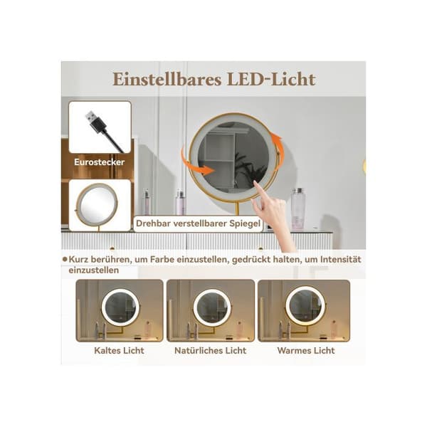 Sminkbord med LED-ljusspegel, vit, mått: 120 x 45 x 115 cm (utan pall)