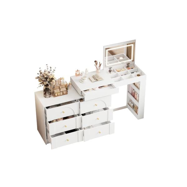 Svanande sminkbord med LED-belysning, sminkbord, skrivbord, vit, 105×40×80cm