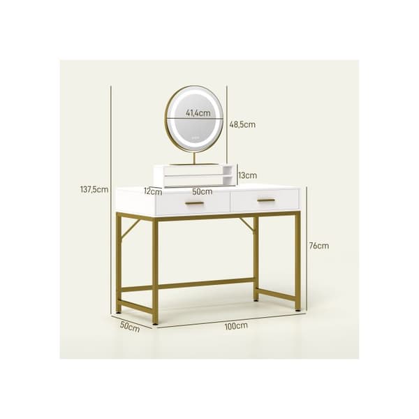 HOMCOM Sminkbord med LED-belysning, Sminkbord med justerbar spegel, med 2 lådor, 100 x 50 x 76 cm, vit