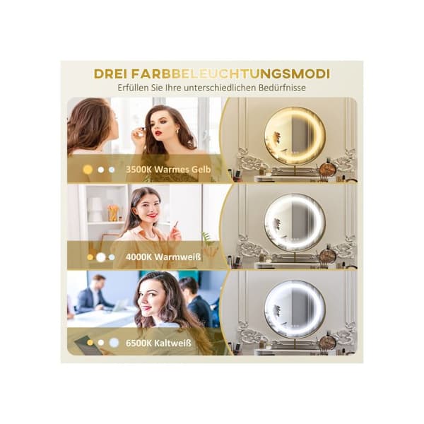 HOMCOM Sminkbord med LED-belysning, Sminkbord med justerbar spegel, med 2 lådor, 100 x 50 x 76 cm, vit