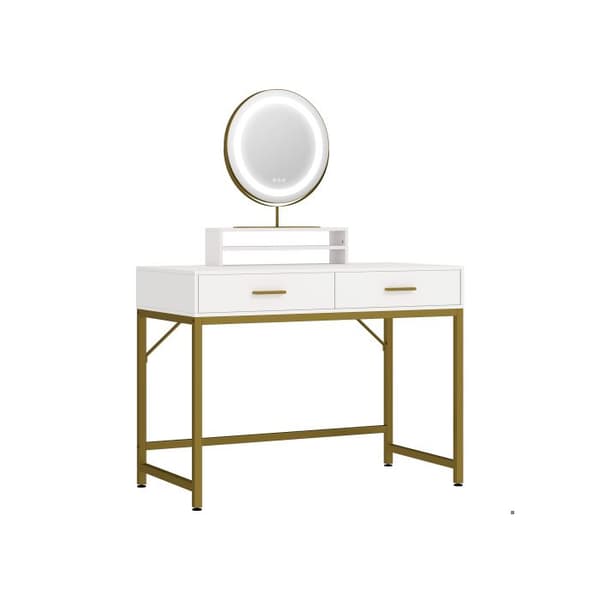 HOMCOM Sminkbord med LED-belysning, Sminkbord med justerbar spegel, med 2 lådor, 100 x 50 x 76 cm, vit