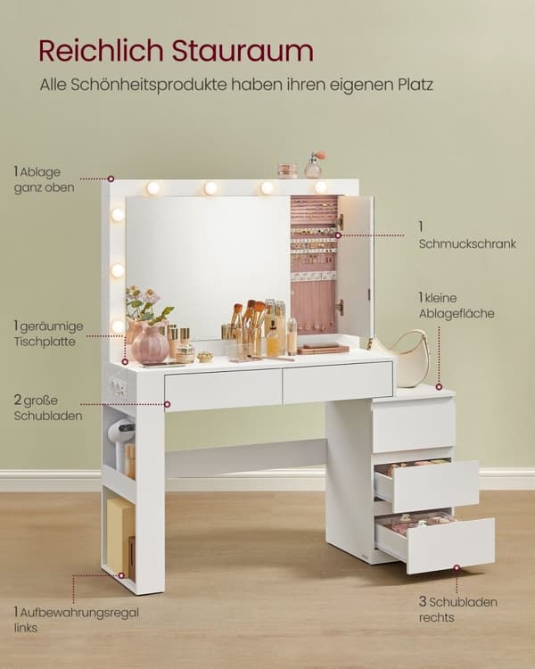 Rootz Dressing Table - Vanity Table - Makeup -bord - LED -belysning - Hvid - 40 x 125 x 140 cm