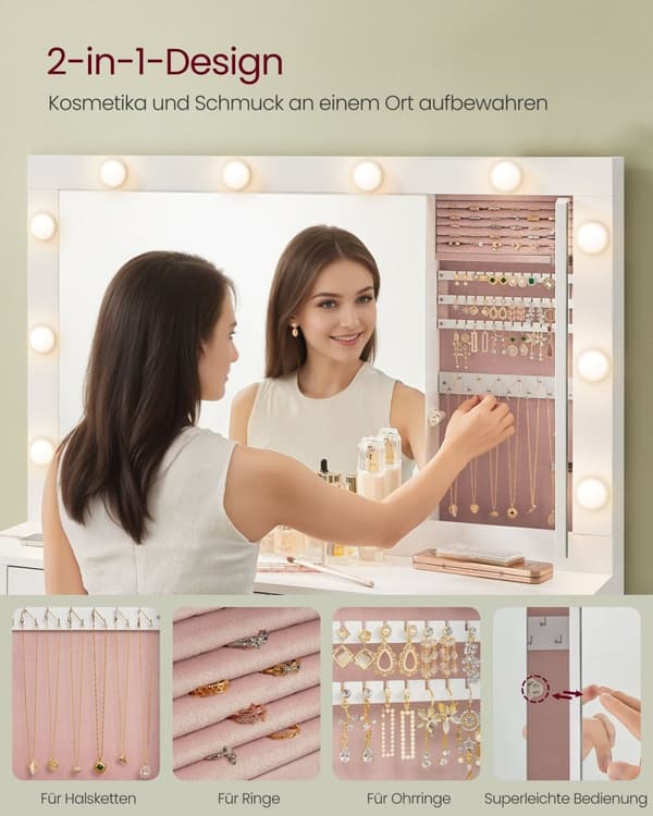 Rootz Dressing Table - Vanity Table - Makeup -bord - LED -belysning - Hvid - 40 x 125 x 140 cm