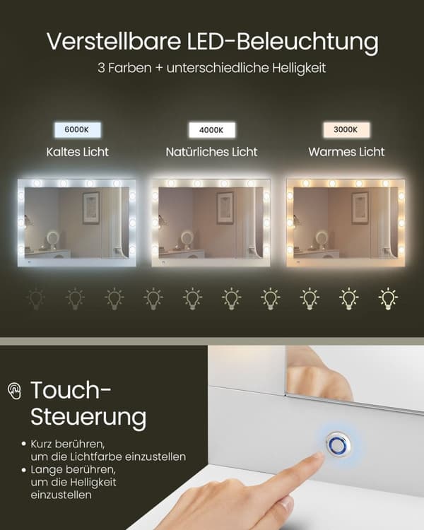 Rootz Dressing Table - Vanity Table - Makeup -bord - LED -belysning - Hvid - 40 x 125 x 140 cm
