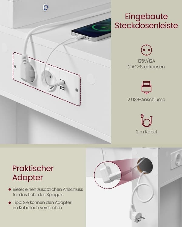 Rootz Dressing Table - Vanity Table - Makeup -bord - LED -belysning - Hvid - 40 x 125 x 140 cm