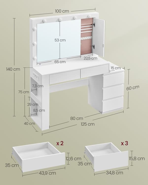 Rootz Dressing Table - Vanity Table - Makeup -bord - LED -belysning - Hvid - 40 x 125 x 140 cm