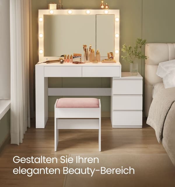 Rootz Dressing Table - Vanity Table - Makeup -bord - LED -belysning - Hvid - 40 x 125 x 140 cm