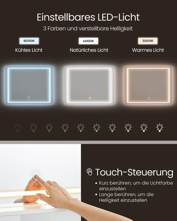 Rootz toalettbord med LED -belysning - Vanity Table - Makeup Desk - MDF and Chipboard - Cloud White - 40 x 110 x 138 cm