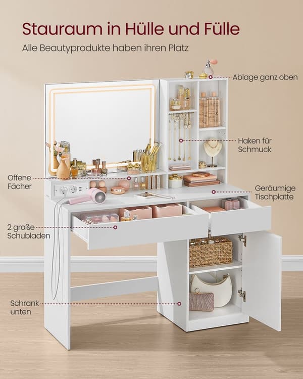 Rootz toalettbord med LED -belysning - Vanity Table - Makeup Desk - MDF and Chipboard - Cloud White - 40 x 110 x 138 cm