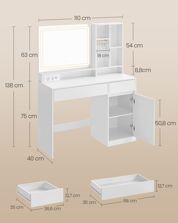 Rootz toalettbord med LED -belysning - Vanity Table - Makeup Desk - MDF and Chipboard - Cloud White - 40 x 110 x 138 cm
