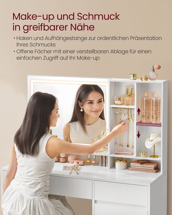 Rootz toalettbord med LED -belysning - Vanity Table - Makeup Desk - MDF and Chipboard - Cloud White - 40 x 110 x 138 cm