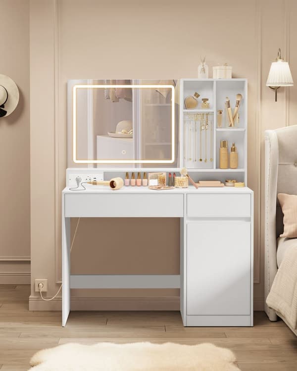 Rootz toalettbord med LED -belysning - Vanity Table - Makeup Desk - MDF and Chipboard - Cloud White - 40 x 110 x 138 cm
