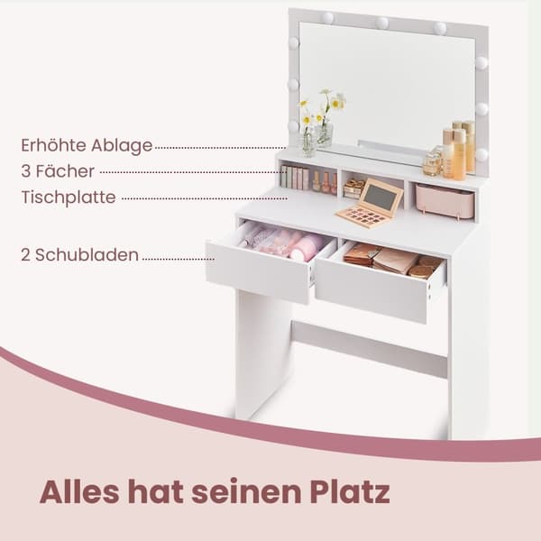 Rootz LED forfængelighedsbord - Friktionsbord - Makeup -bord - Spejl inkluderet - Hvid spånplade - 80 cm x 40 cm x 140 cm