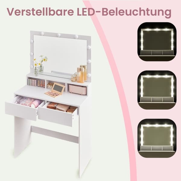 Rootz LED Vanity Table - Friktiontabell - Makeuptabell - Spegel Inkluderad - Vit spånplatta - 80 cm x 40 cm x 140 cm
