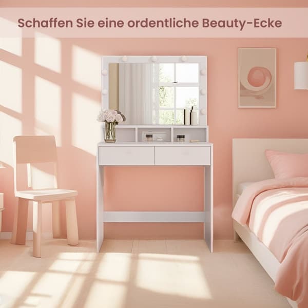 Rootz LED Vanity Table - Friktiontabell - Makeuptabell - Spegel Inkluderad - Vit spånplatta - 80 cm x 40 cm x 140 cm