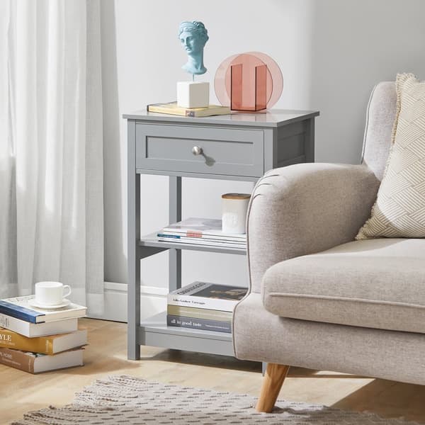 SoBuy Sengebord med 1 skuffe og 2 hylder, Sofabord, Moderne sidebord med skuffe, FBT46-HG