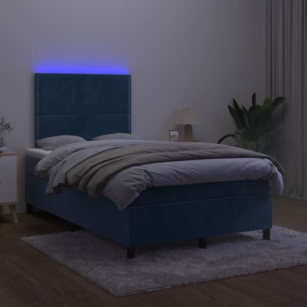 Mannermainen sänky, patja ja LED, sininen sametti 120x200cm