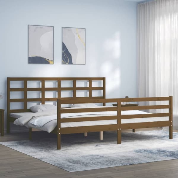 sengeramme med sengegavl 200x200 cm massivt træ gyldenbrun