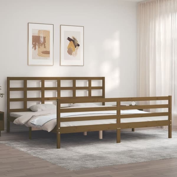 sengeramme med sengegavl 200x200 cm massivt træ gyldenbrun