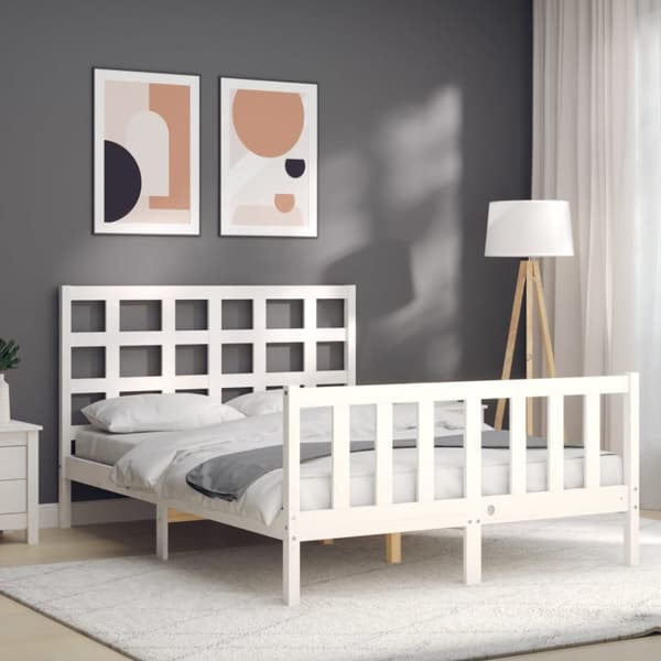 Sängram med huvudgavel vit 140x190 cm massivt trä