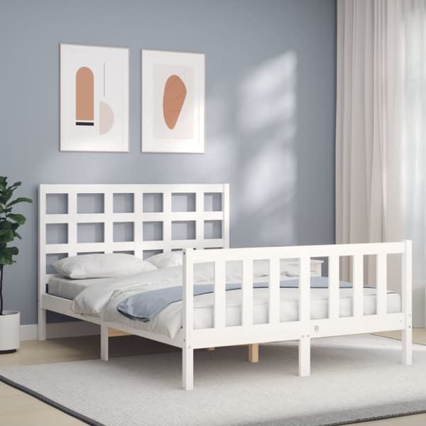 Sängram med huvudgavel vit 140x190 cm massivt trä