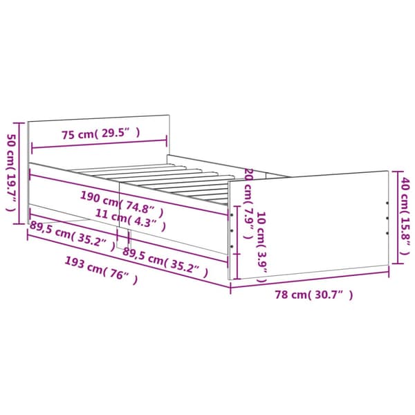 sengeramme 75x190 cm uden madras konstrueret træ brunt eg