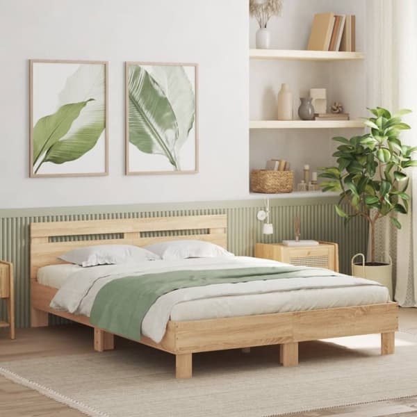 sengeramme med sengegavl og LED-lys 140x200 cm sonoma-eg
