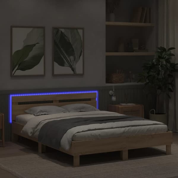 sengeramme med sengegavl og LED-lys 140x200 cm sonoma-eg