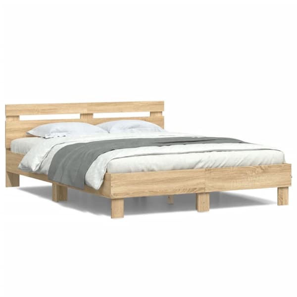 sengeramme med sengegavl og LED-lys 140x200 cm sonoma-eg