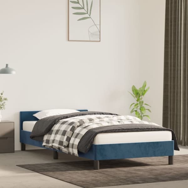 sengeramme med sengegavl 90x200 cm fløjl mørkeblå