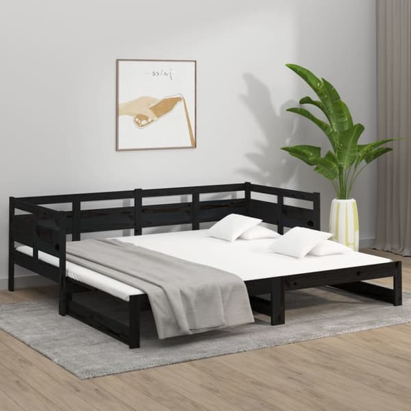 daybed med udtræk 2x(90x190) cm massivt fyrretræ sort