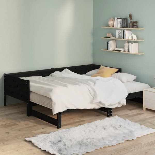 Utdragbar dagbädd svart massiv furu 2x(80x200) cm