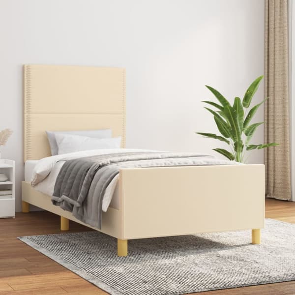 sengeramme med sengegavl 90x200 cm stof cremefarvet