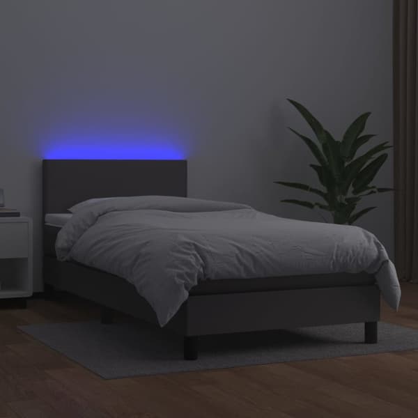 Ramsäng med madrass & LED grå 100x200 cm konstläder