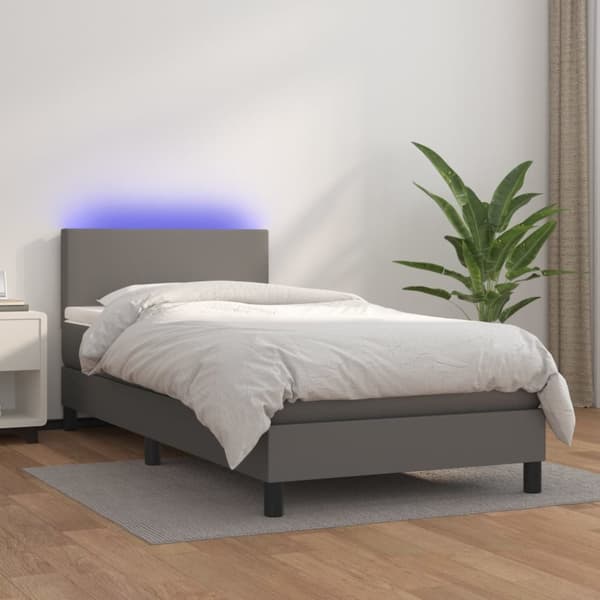 Ramsäng med madrass & LED grå 100x200 cm konstläder