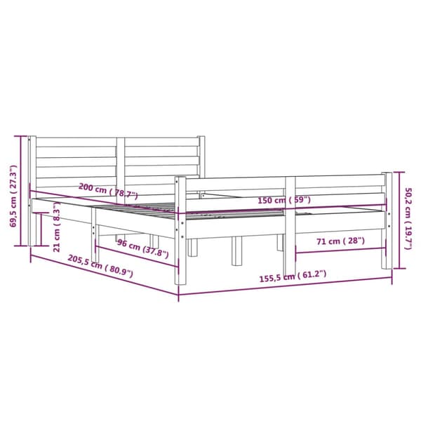 sengeramme 150x200 cm King Size massivt fyrretræ hvid